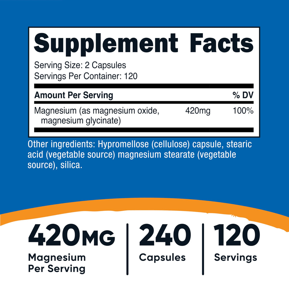 Nutricost Magnesium+ bottle label highlights 420 mg per serving and vegan formula
