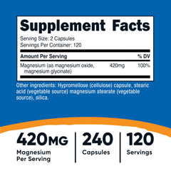 Nutricost Magnesium+ bottle label highlights 420 mg per serving and vegan formula