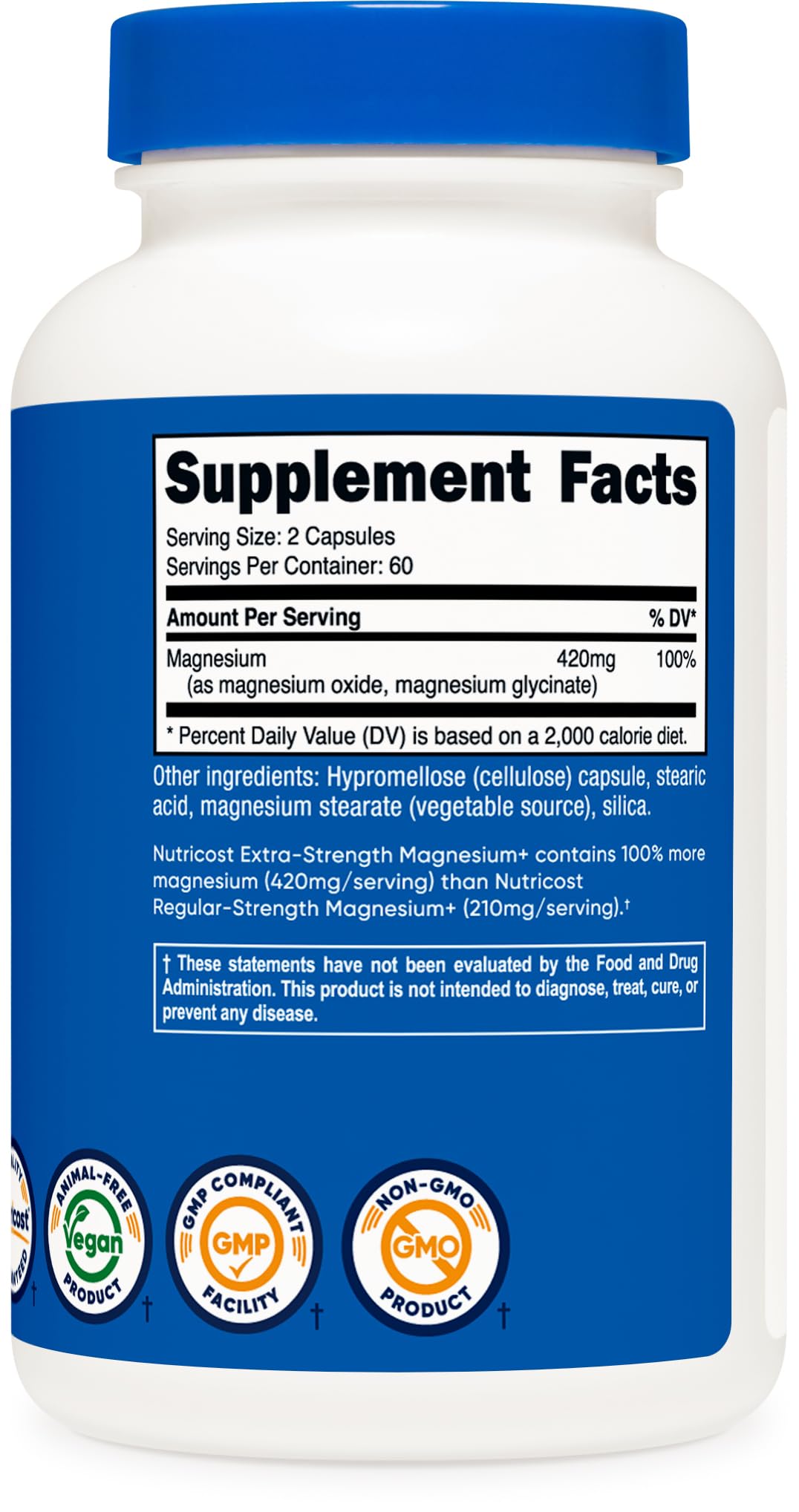 Nutricost Magnesium+ vegan-friendly packaging emphasizes eco-friendly, plant-based capsules.