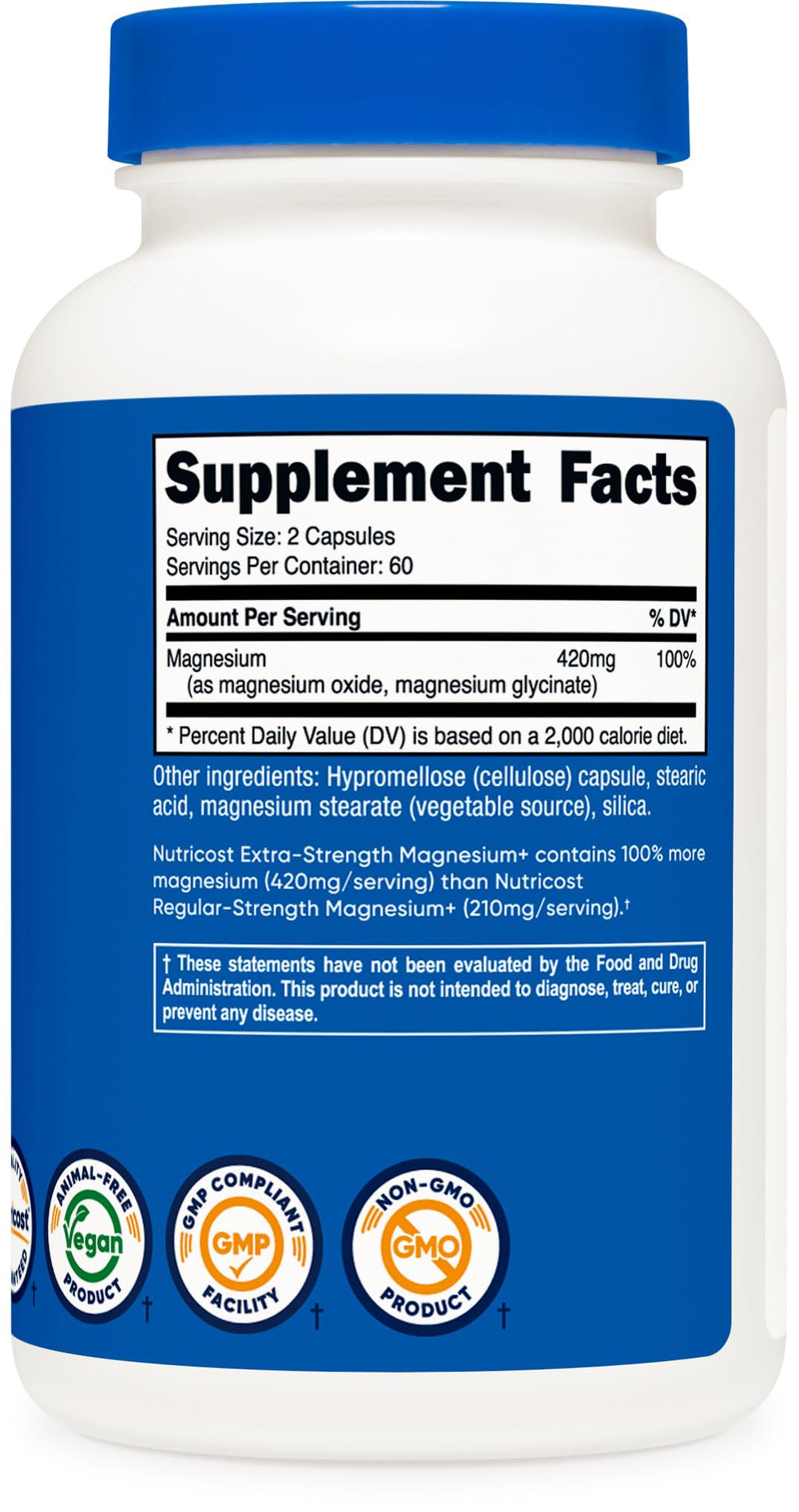 Nutricost Magnesium+ vegan-friendly packaging emphasizes eco-friendly, plant-based capsules.