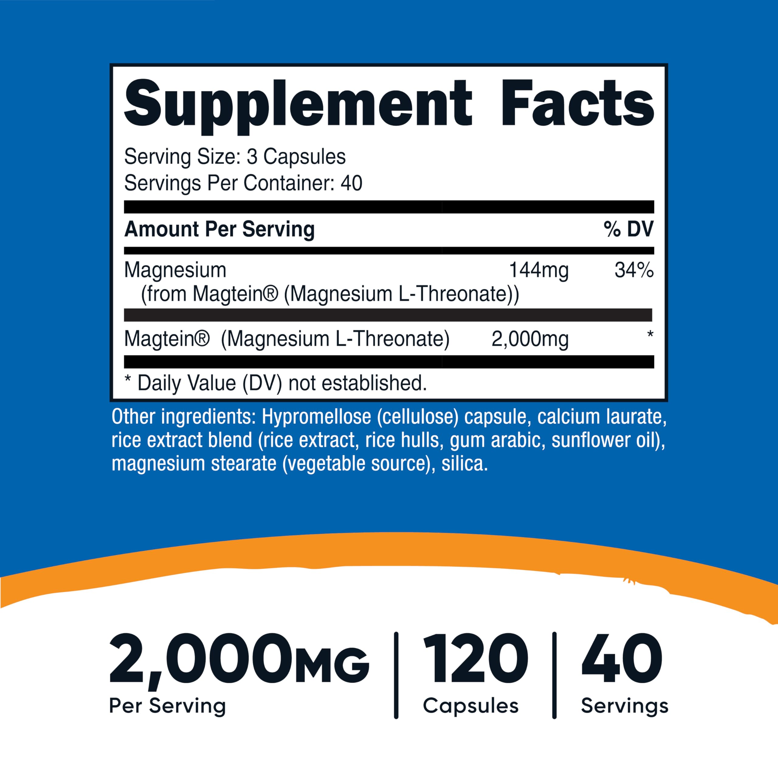 Nutricost Magtein bottle label closeup showing Magtein and non-GMO attributes