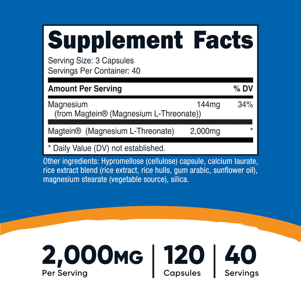 Nutricost Magtein bottle label closeup showing Magtein and non-GMO attributes