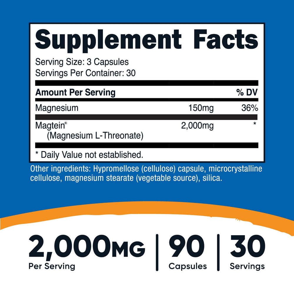 Nutricost Magtein capsules close-up highlighting vegetarian formula for plant-based diets.