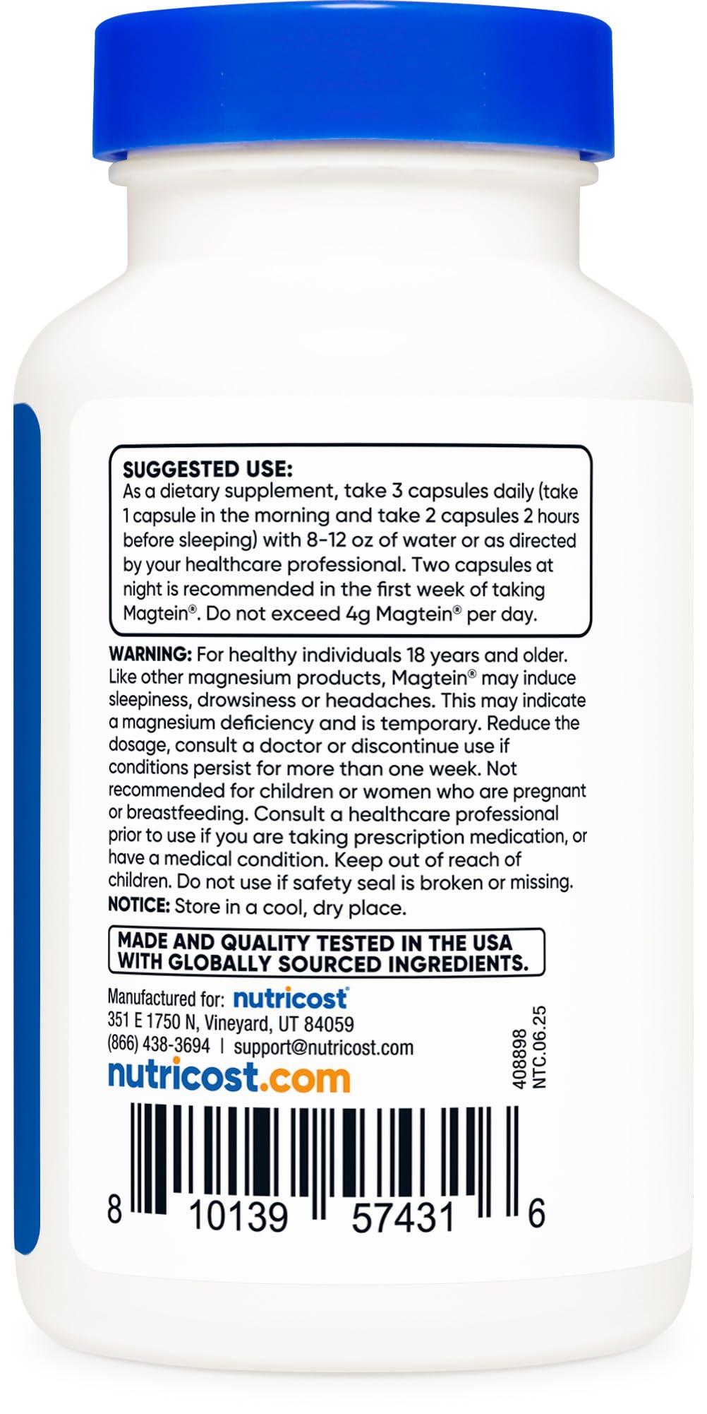 Nutricost Magtein packaging showing gluten-free certification for dietary sensitivities.