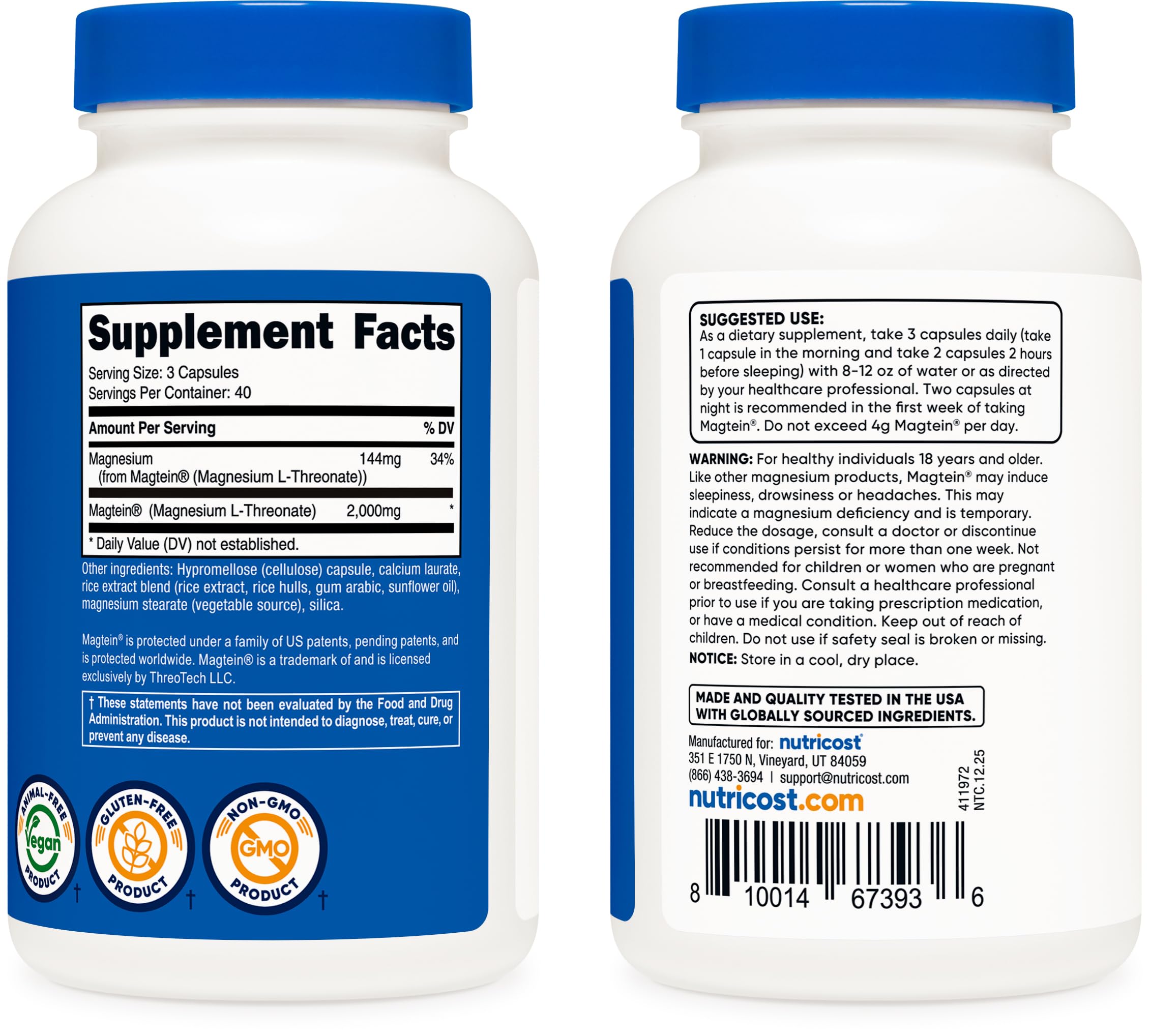 Nutricost Magtein serving of three capsules for a convenient daily dose