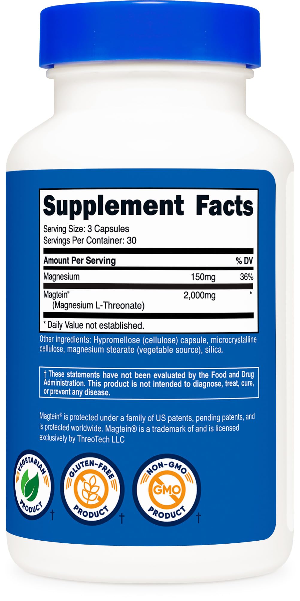 Nutricost Magtein label emphasizes vegetarian formula for vegan or vegetarian lifestyles.