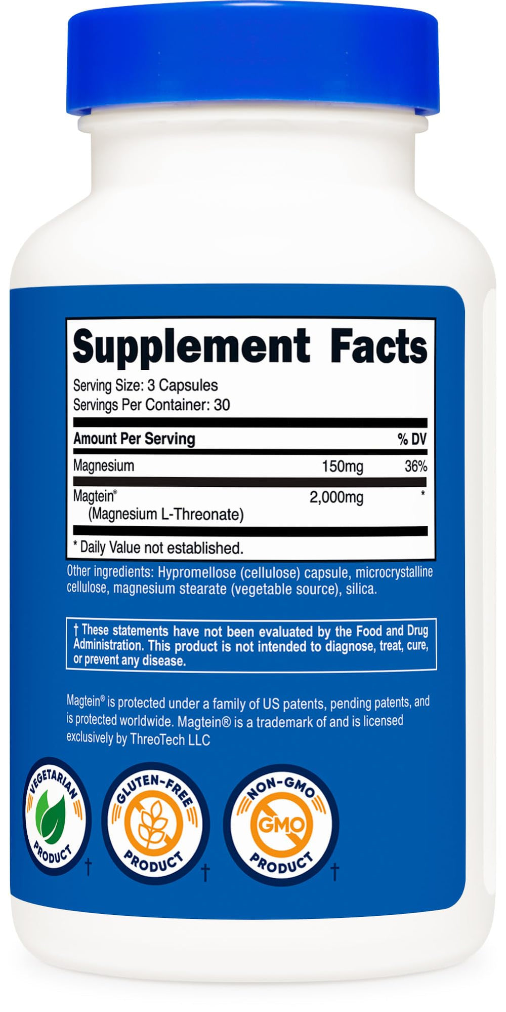 Nutricost Magtein label emphasizes vegetarian formula for vegan or vegetarian lifestyles.
