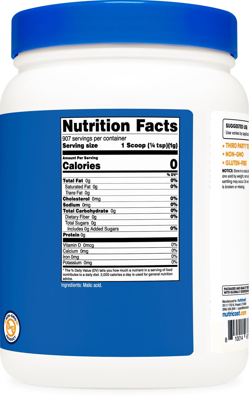 Close-up of Nutricost Malic Acid Powder label showing storage instructions.