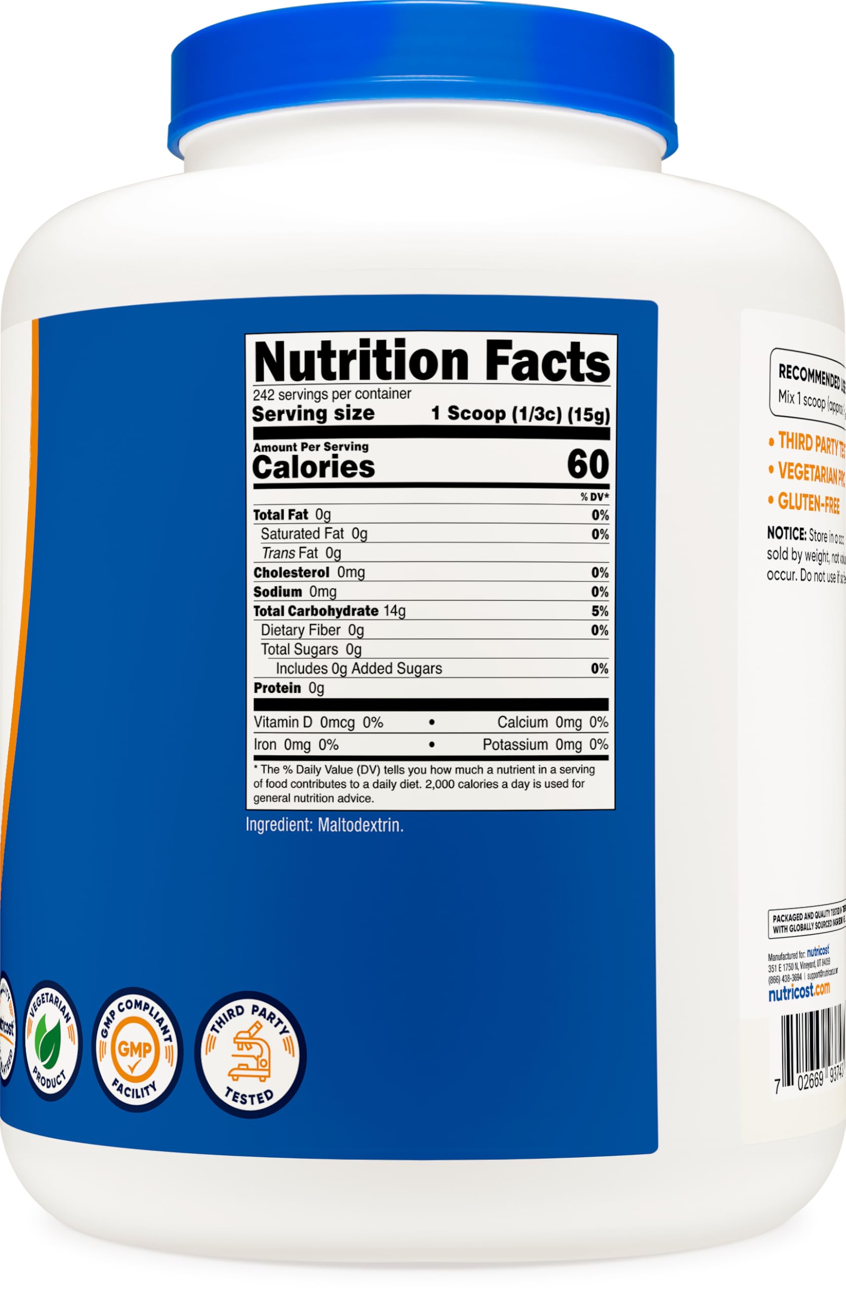 Nutricost Maltodextrin facility emblem highlighting NSF/GMP/FDA standards