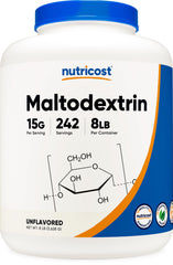 Nutricost Maltodextrin powder bag front shows a pure carbohydrate base for shakes