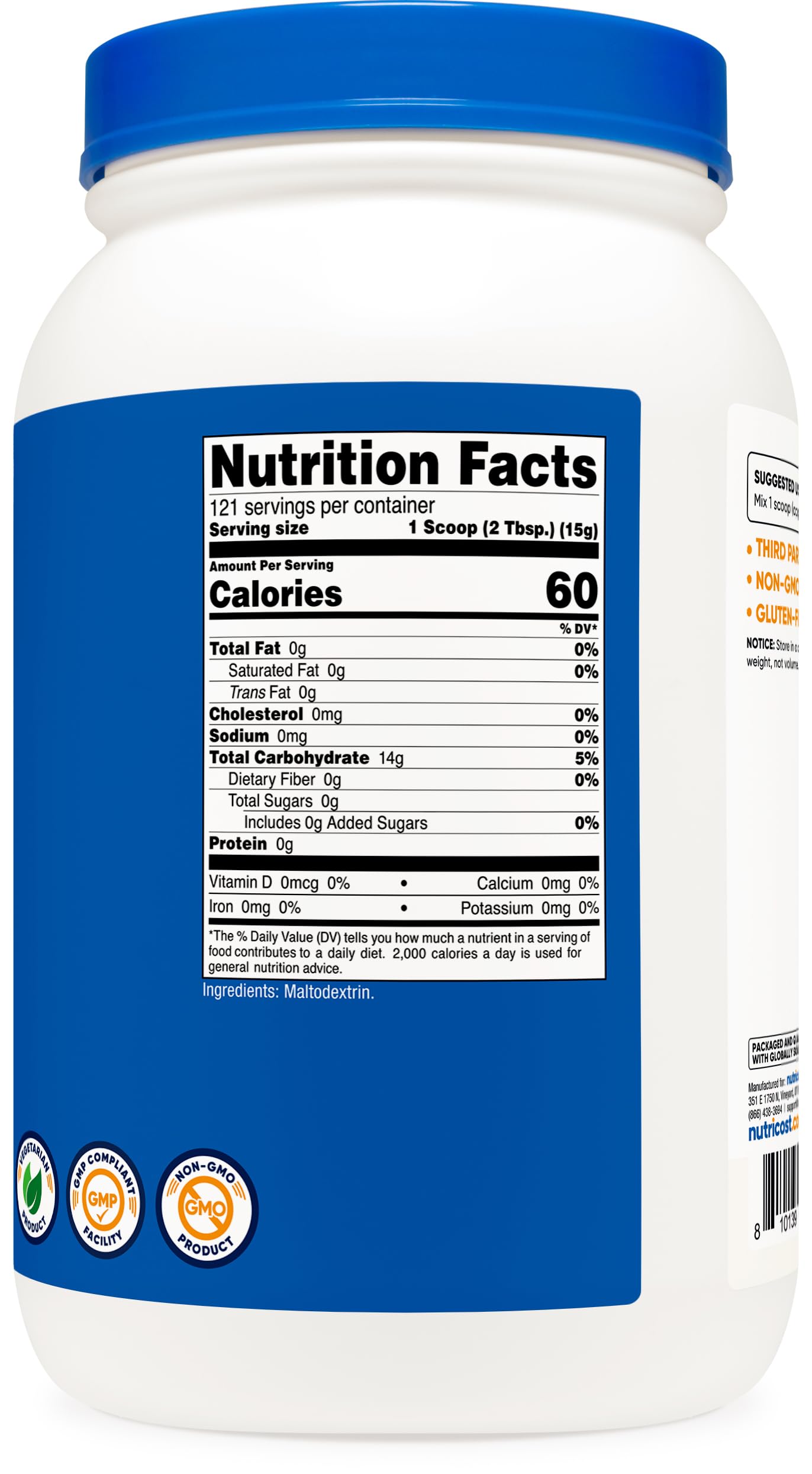 Nutricost Maltodextrin in shaker for easy mixing into shakes.