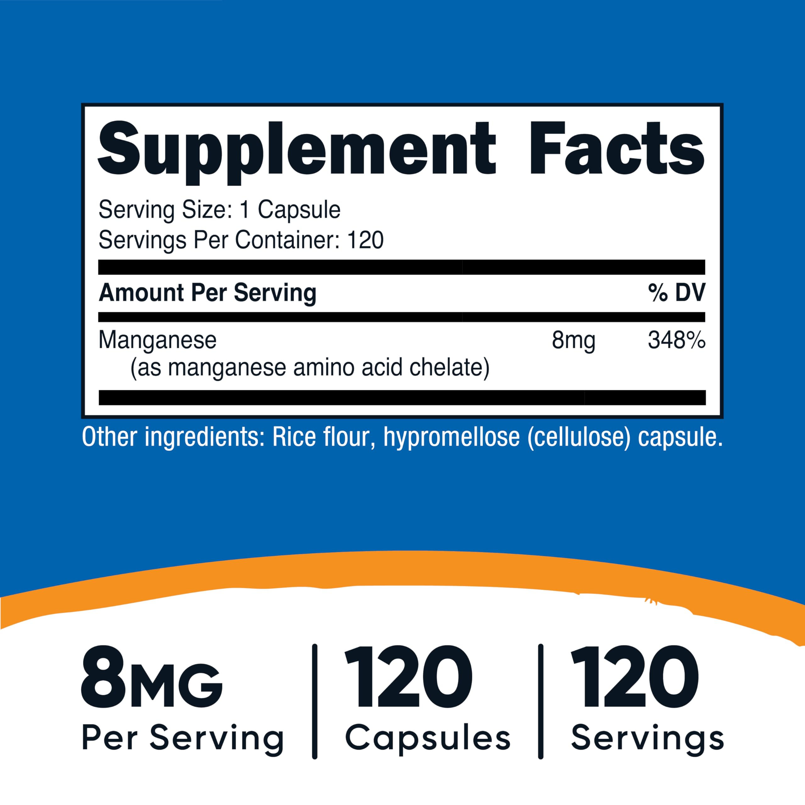 Nutricost Manganese bottle label, clear dosage information for daily use.