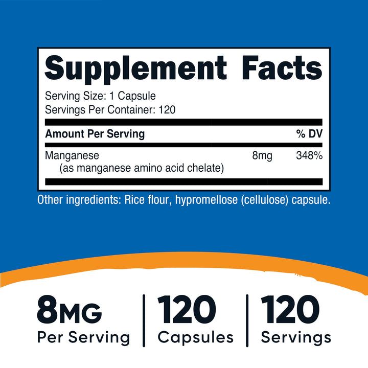 Nutricost Manganese bottle label, clear dosage information for daily use.