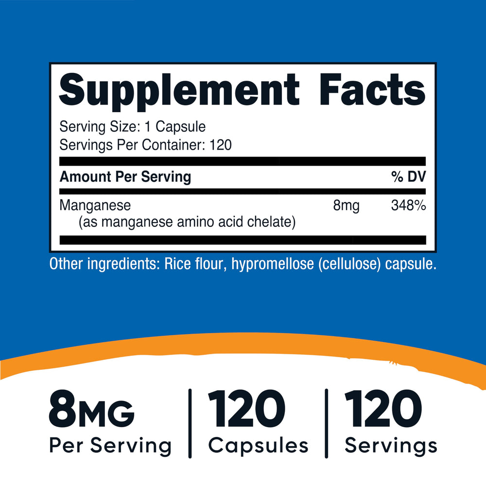Nutricost Manganese bottle label, clear dosage information for daily use.