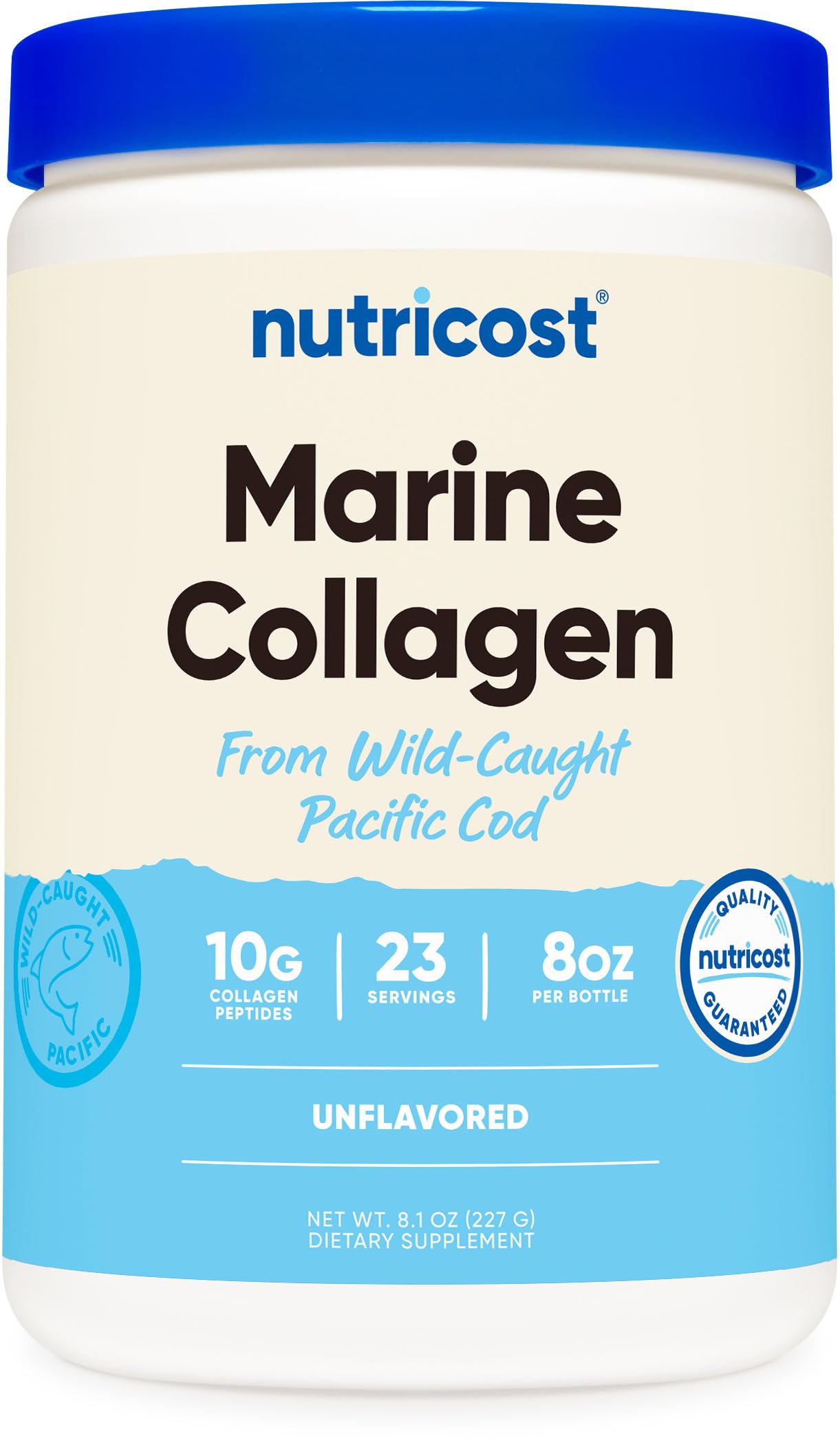 Nutricost Marine Collagen bottle front, eco-friendly packaging for daily use.