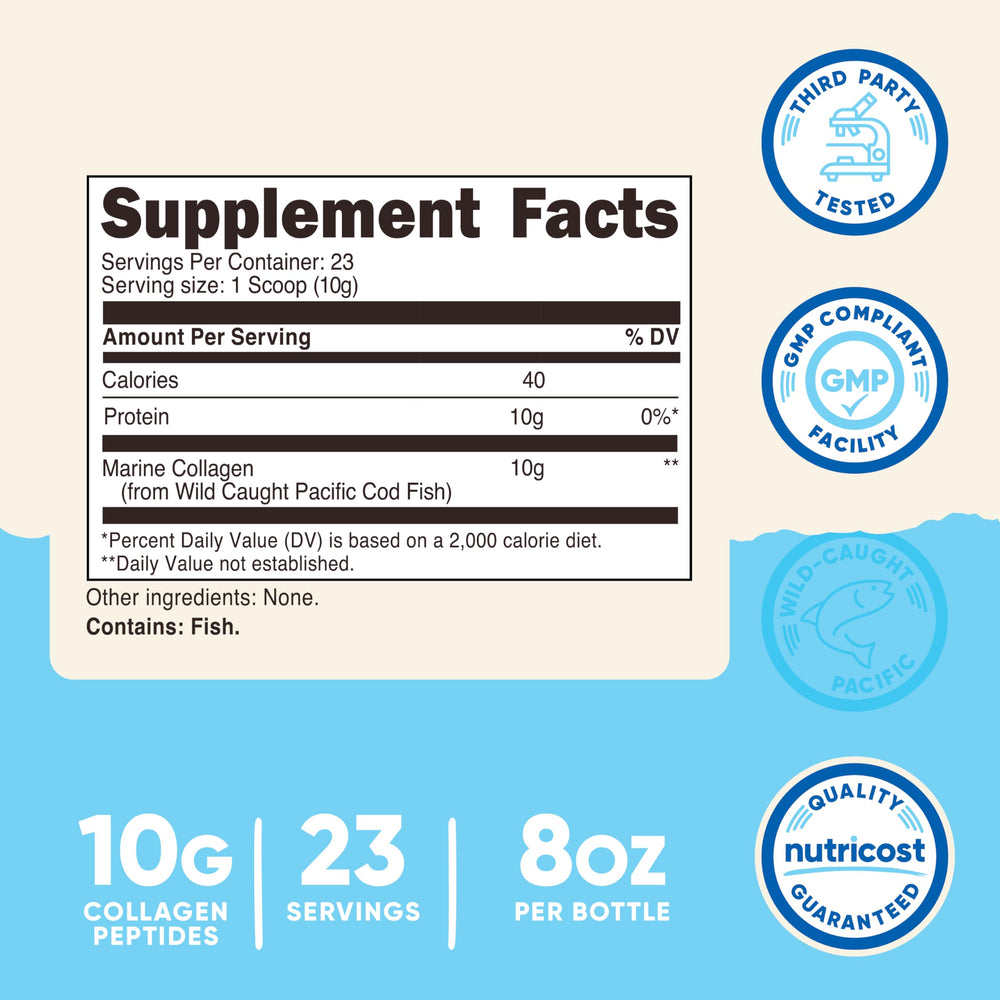 Nutricost Marine Collagen bottle side with label and serving info.