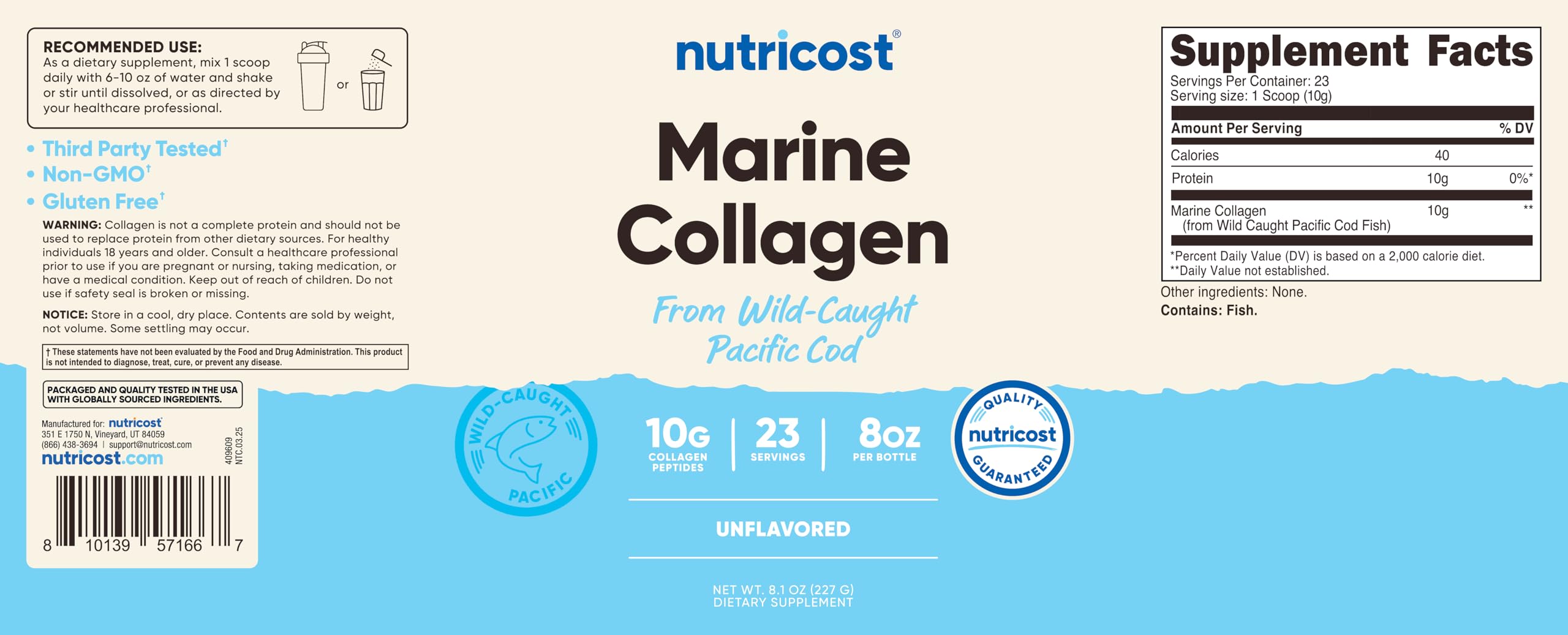 Nutricost Marine Collagen scoop beside bottle, highlighting 23 servings.