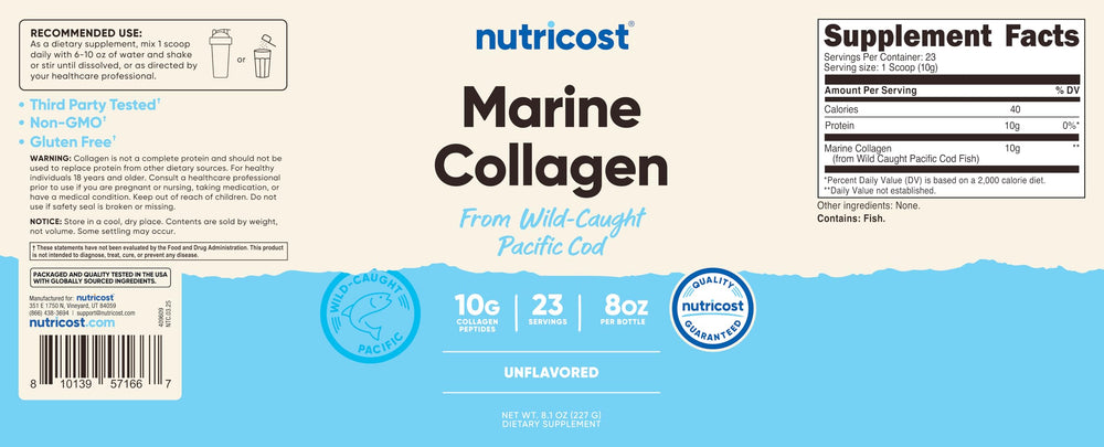 Nutricost Marine Collagen scoop beside bottle, highlighting 23 servings.