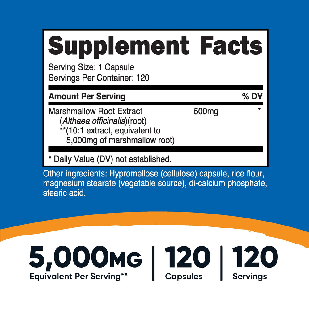 Nutricost Marshmallow Root bottle with 120 vegetarian capsules for daily supplement.