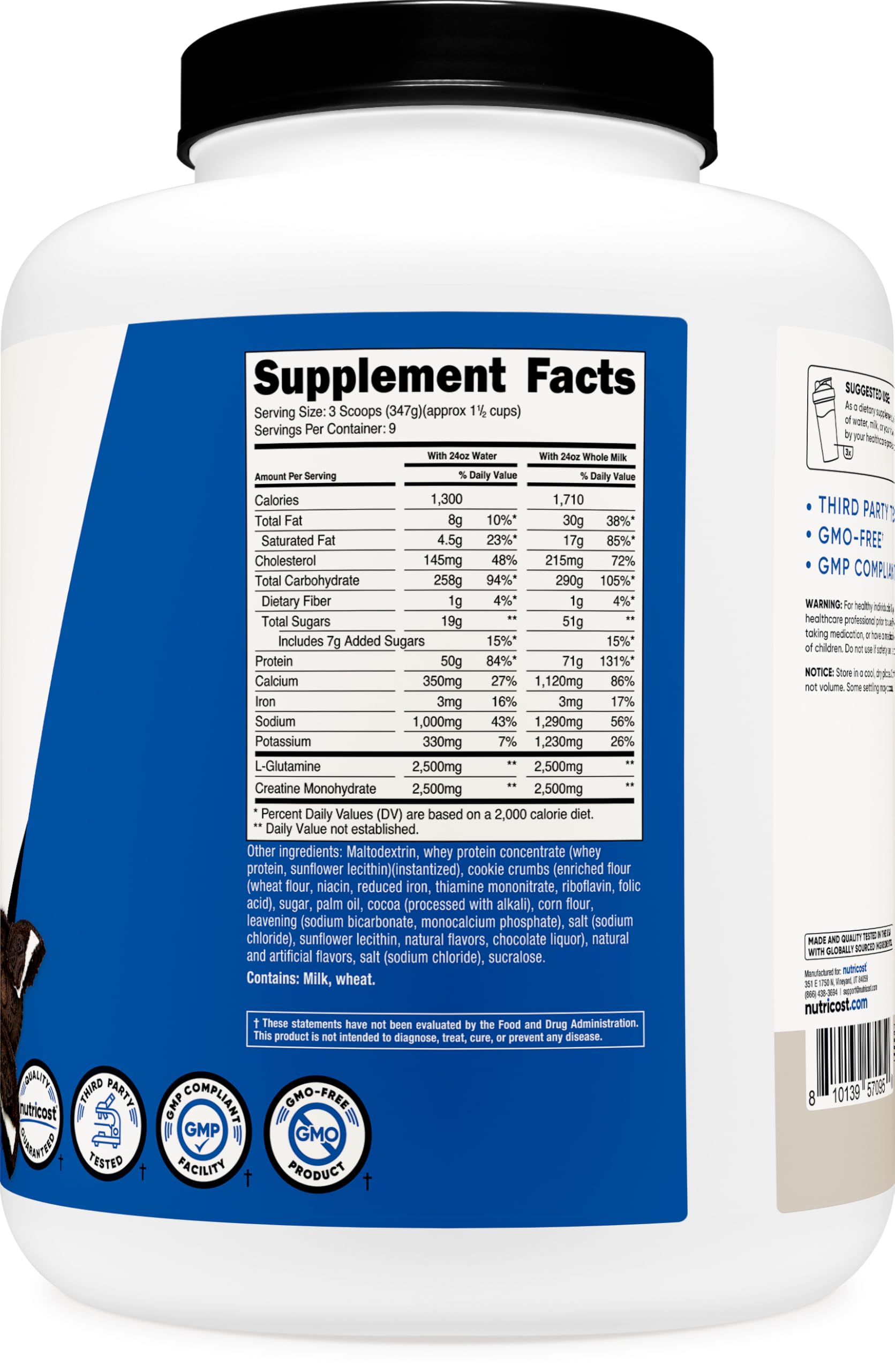 Nutricost mass gainer label emphasizing non-GMO testing and facility standards