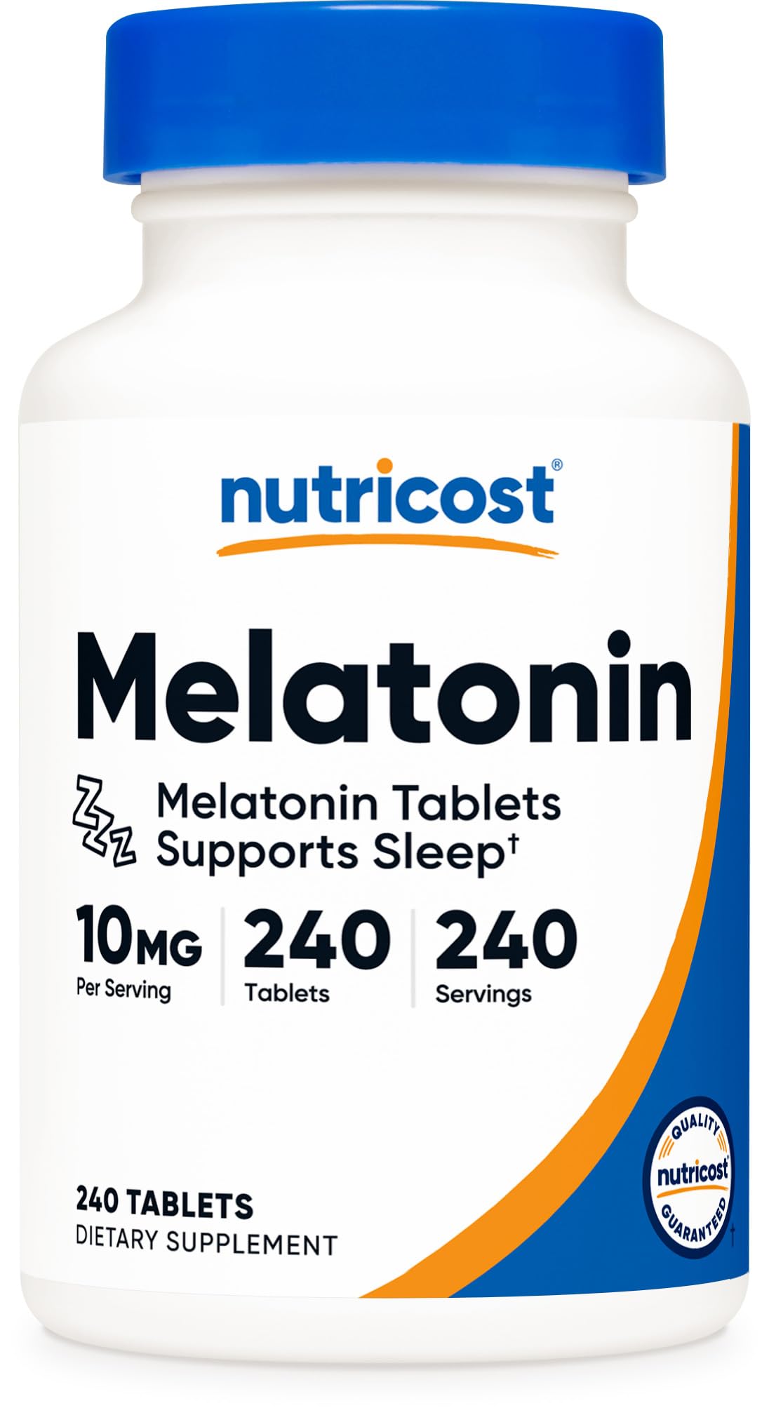 Nutricost Melatonin 10mg bottle front view for easy nightly use.