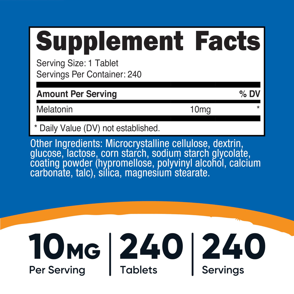 Nutricost Melatonin 10mg bottle label close-up showing dosage and allergen-free claims.