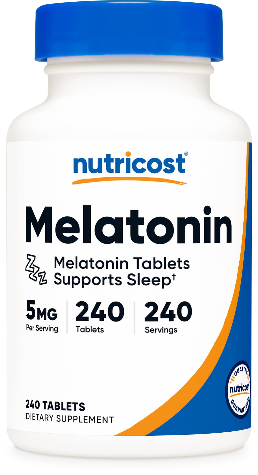 Nutricost Melatonin 5mg tablets bottle showing daily dose option for restful nights.