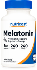 Nutricost Melatonin 5mg tablets bottle showing daily dose option for restful nights.