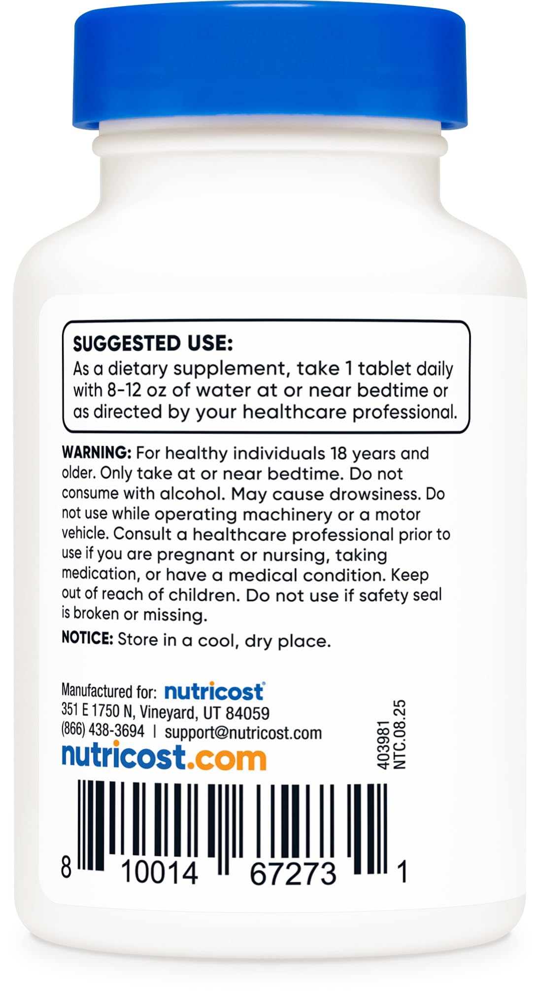 Nutricost Melatonin bottle top view, compact and travel-friendly packaging.