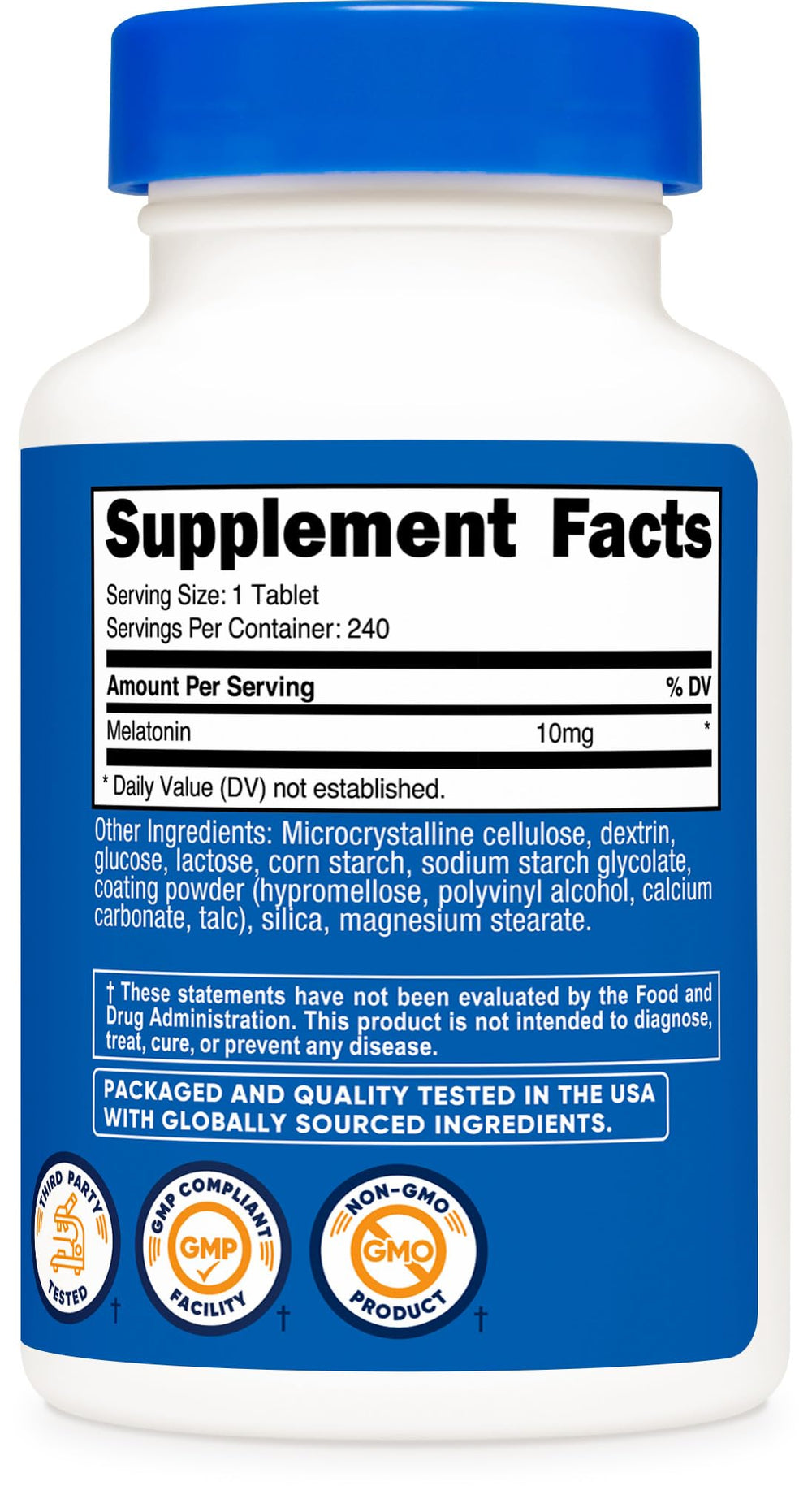 Nutricost Melatonin bottle beside a glass, suitable for evening routines.