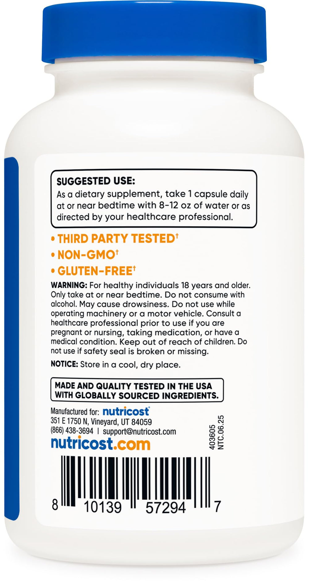Nutricost melatonin bottle with GMP and FDA-registered facility signaling safety and quality