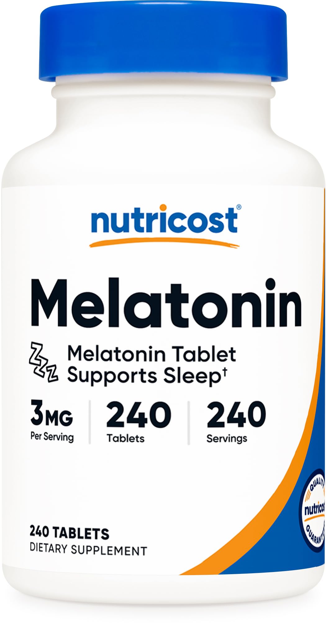 Nutricost Melatonin bottle view highlighting 240 easy-to-swallow tablets for sleep support