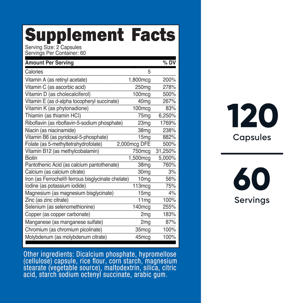 Nutricost Methylated Multivitamin capsules pouring out, convenient two-capsule daily serving
