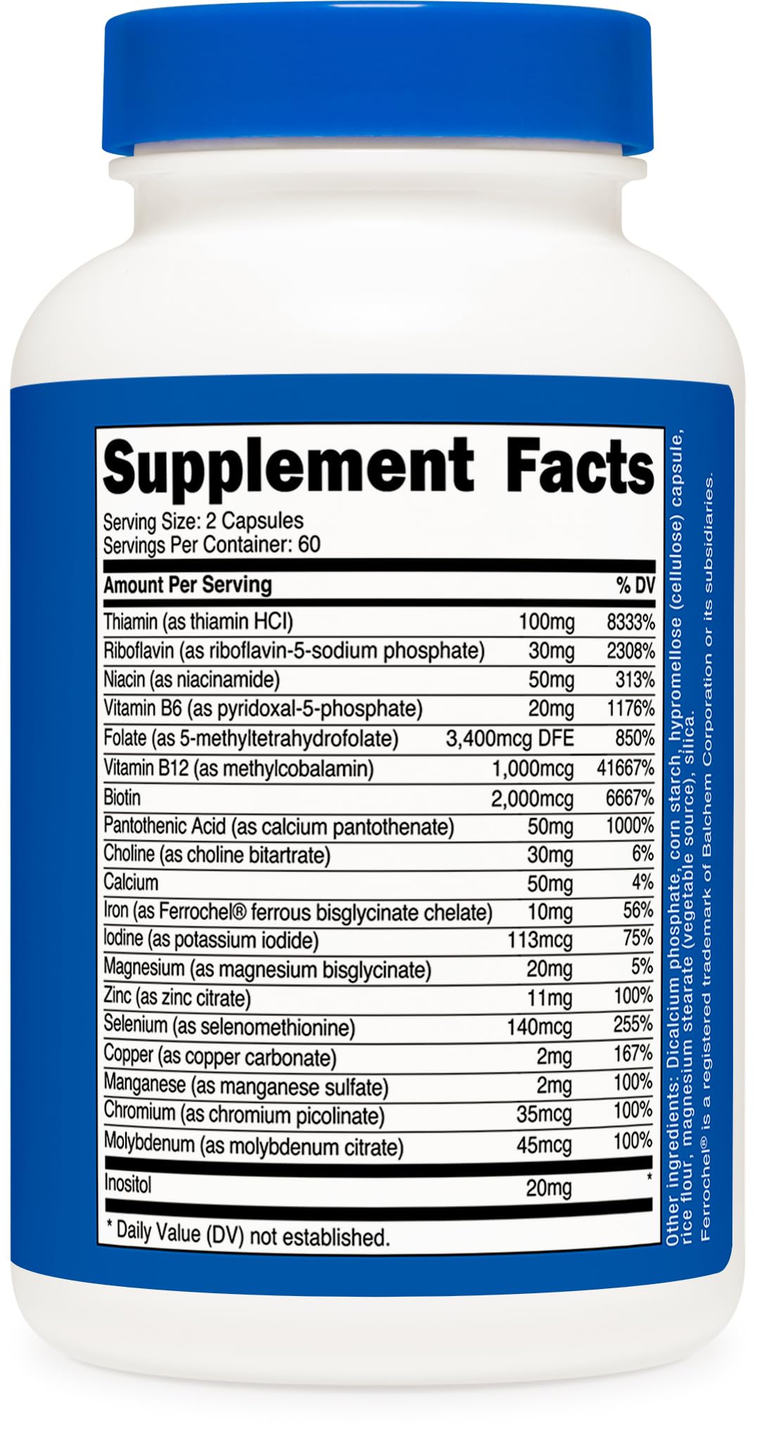 Ingredient panel on Nutricost B Complex showing essential vitamins and minerals.