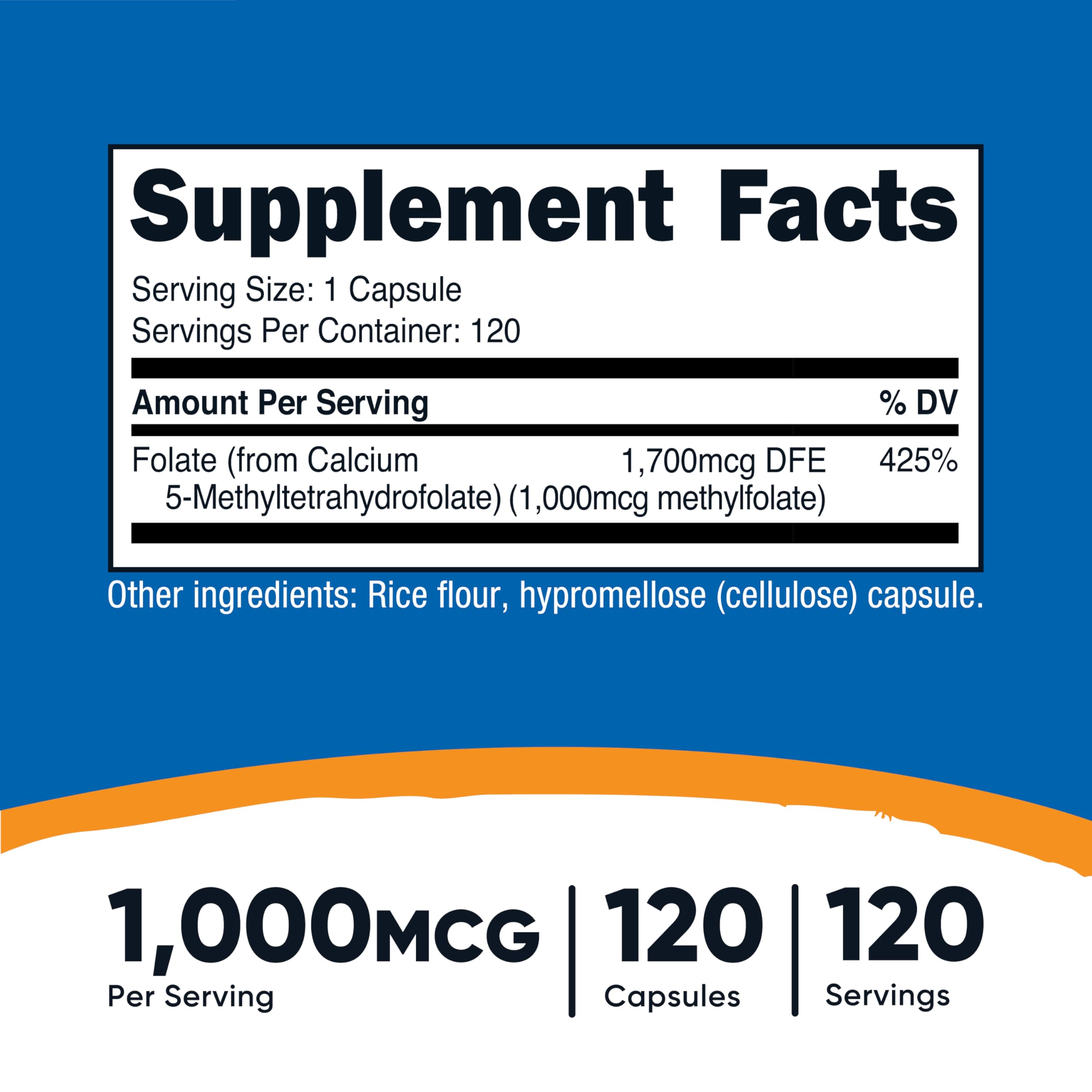 Nutricost Methylfolate bottle back label, third-party tested.