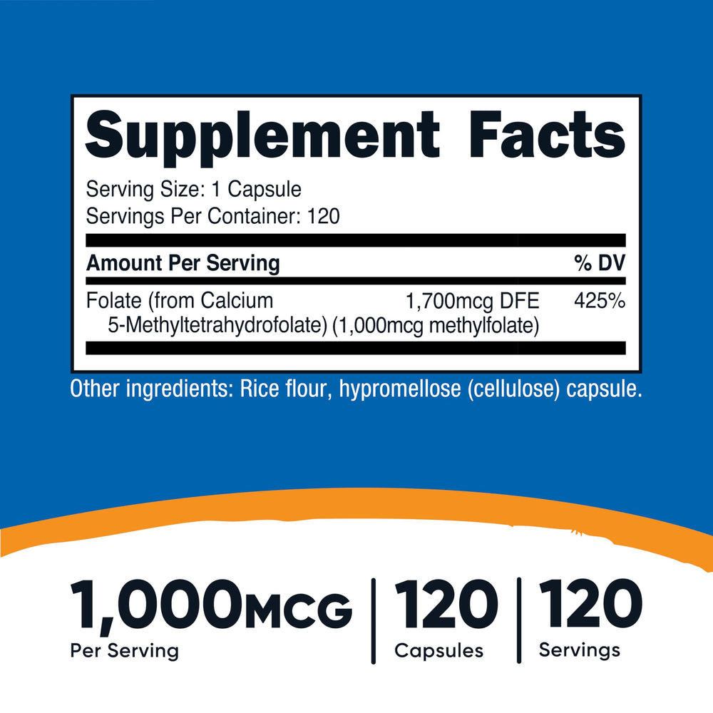 Nutricost Methylfolate bottle back label, third-party tested.
