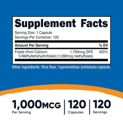 Nutricost Methylfolate bottle back label, third-party tested.