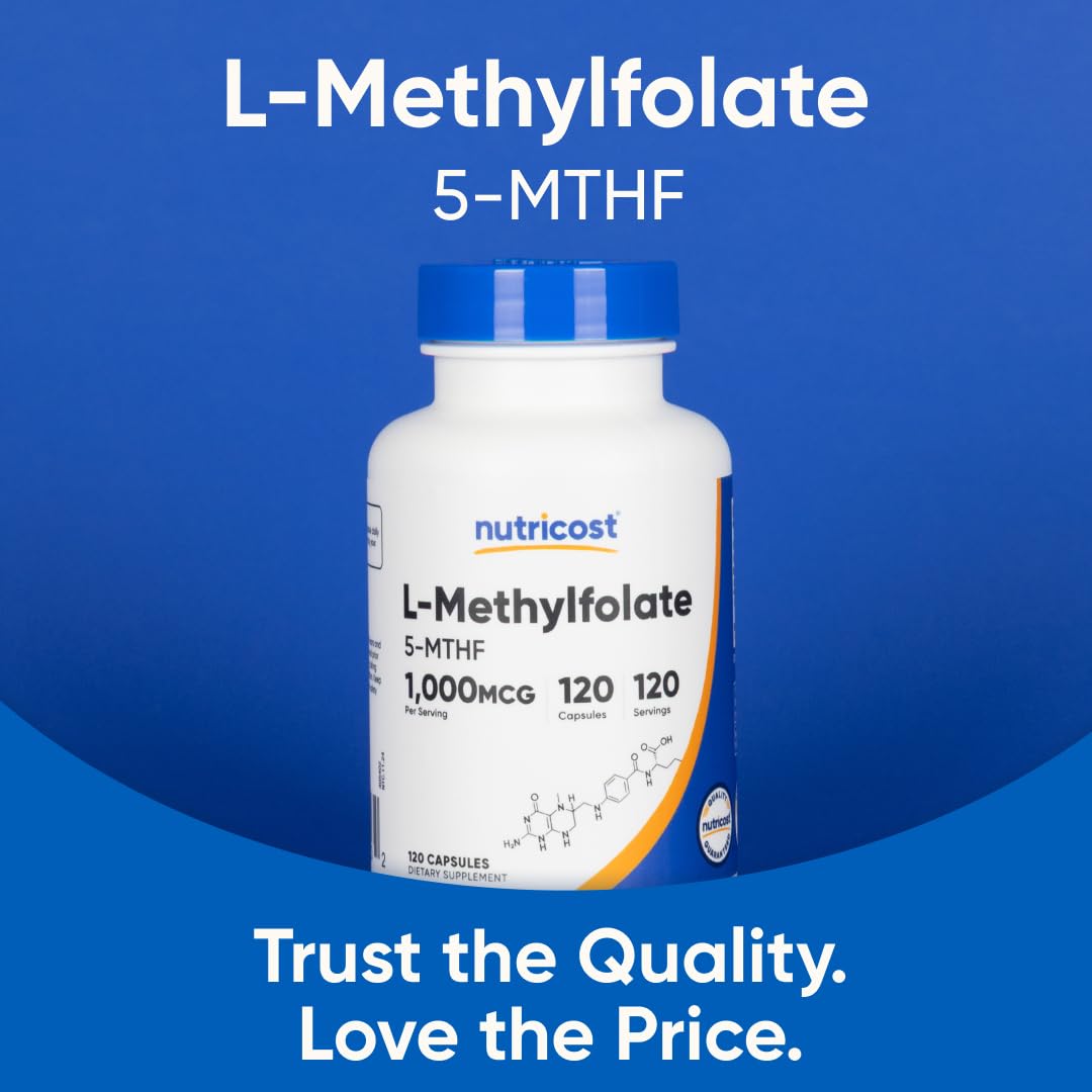 Nutricost Methylfolate bottle on kitchen counter.