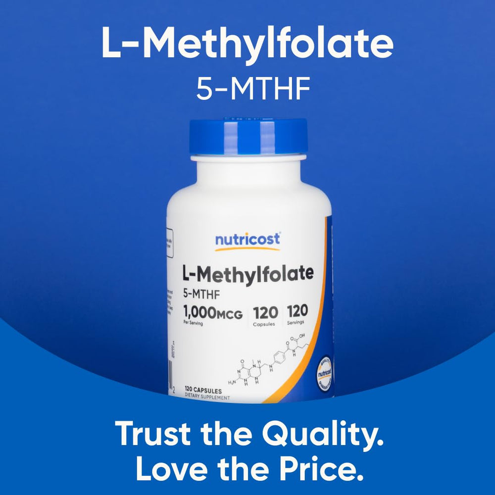 Nutricost Methylfolate bottle on kitchen counter.