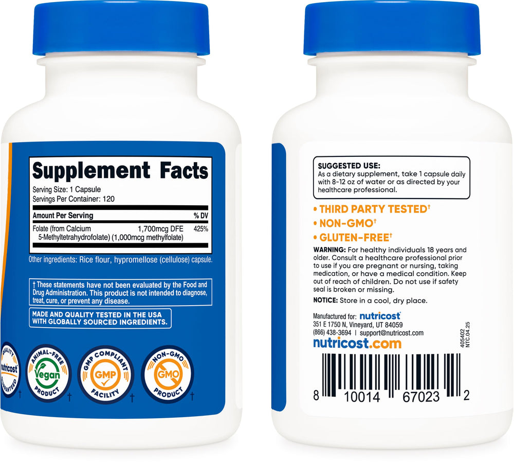 Nutricost Methylfolate capsules in hand, easy daily dosing.