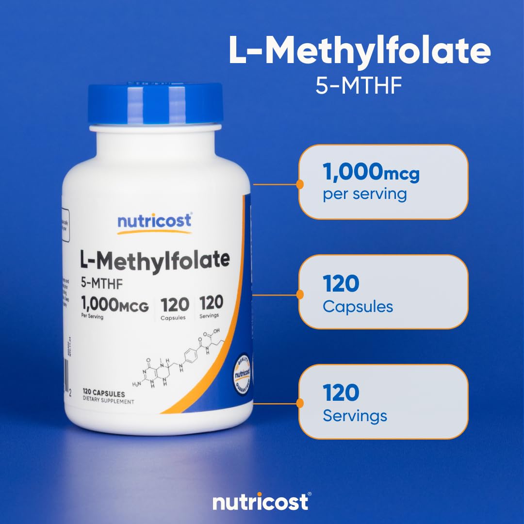 Nutricost Methylfolate label detail, 1,000 mcg per serving.