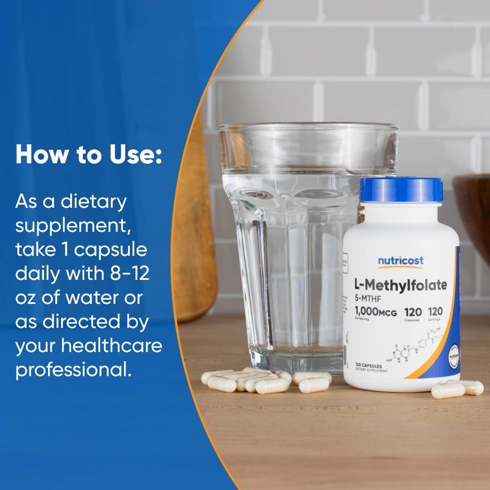 Nutricost Methylfolate product shot, compact bottle design.