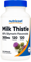 Nutricost Milk Thistle capsules bottle showing 300 mg per serving for daily support.