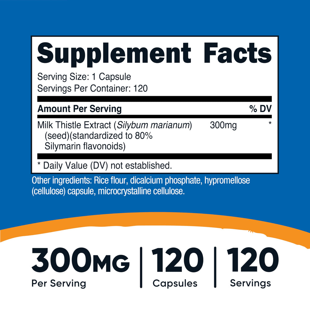 Close-up of Nutricost Milk Thistle capsules highlighting a gluten-free, plant based formula.