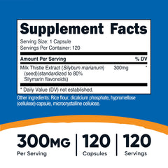Close-up of Nutricost Milk Thistle capsules highlighting a gluten-free, plant based formula.