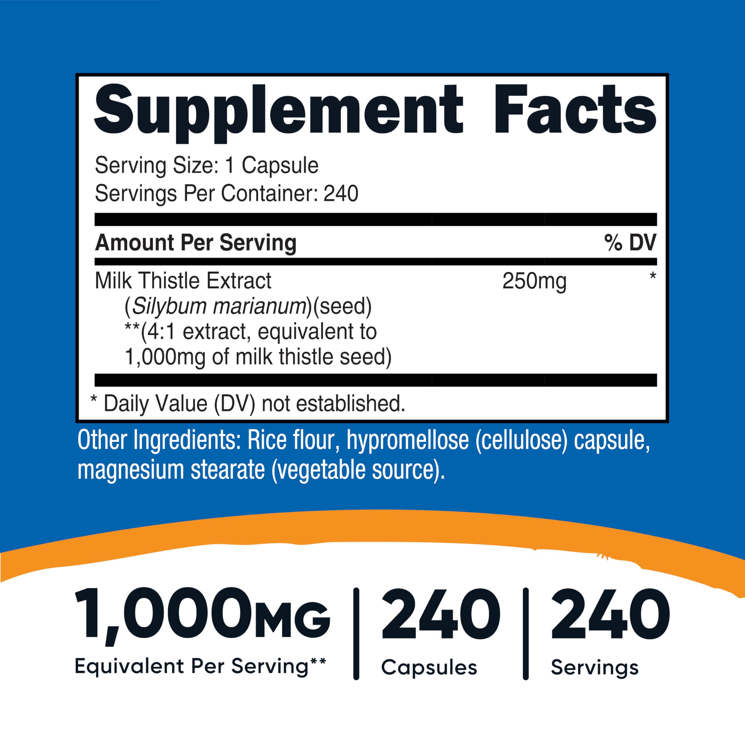 Close-up of Nutricost Milk Thistle capsules showing easy-to-swallow form.