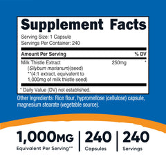 Close-up of Nutricost Milk Thistle capsules showing easy-to-swallow form.
