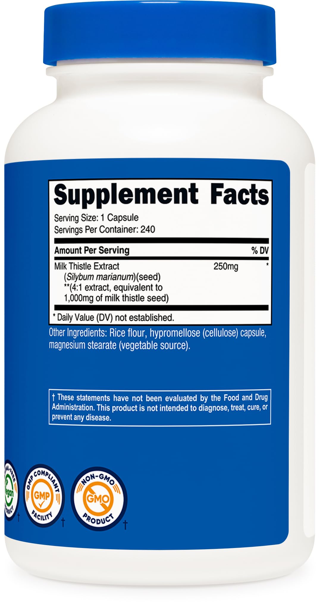 Nutricost Milk Thistle ingredient label shows 250mg extract per capsule.