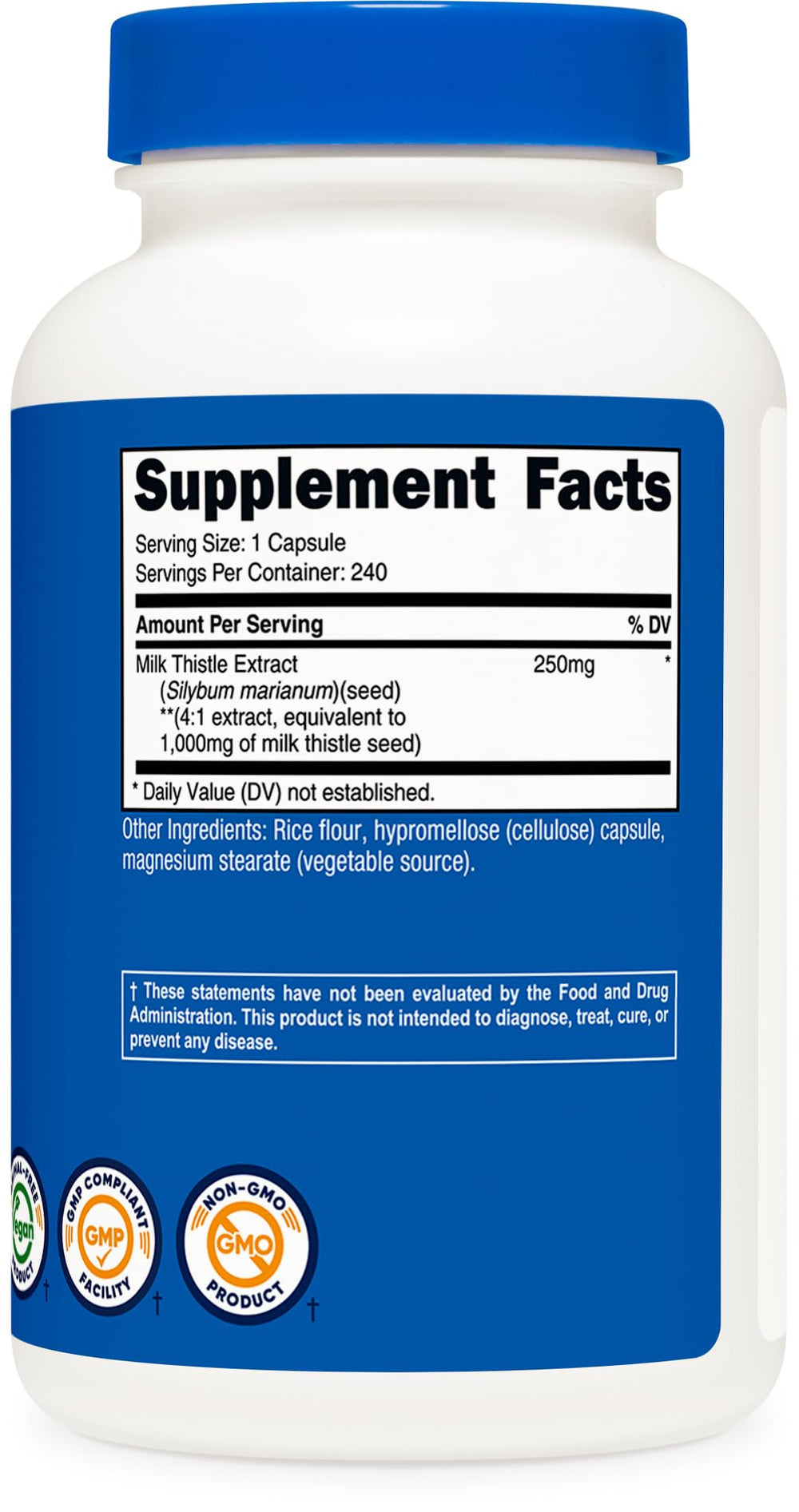 Nutricost Milk Thistle ingredient label shows 250mg extract per capsule.