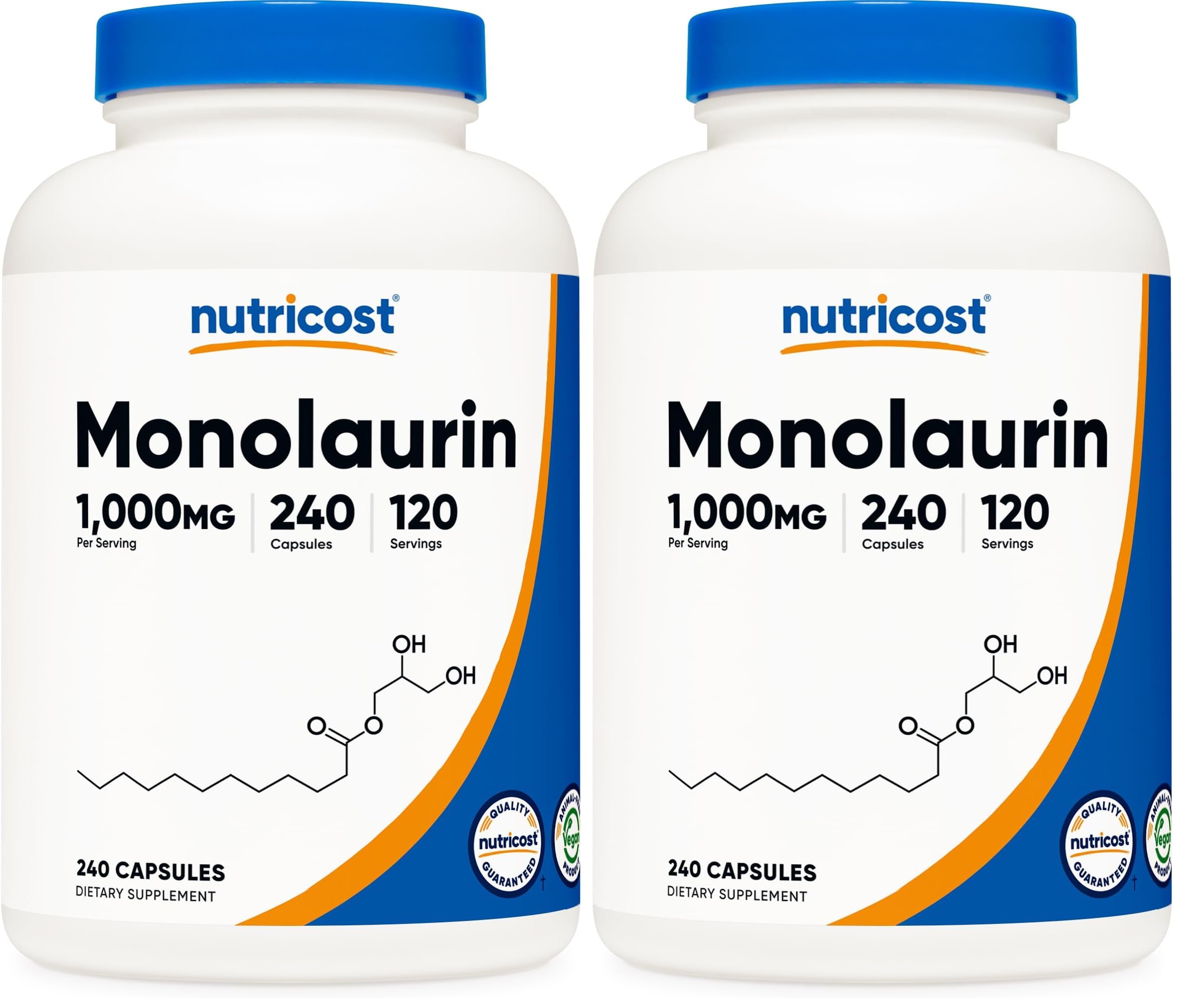 Nutricost Monolaurin bottle shows 1000 mg potency for daily wellness.